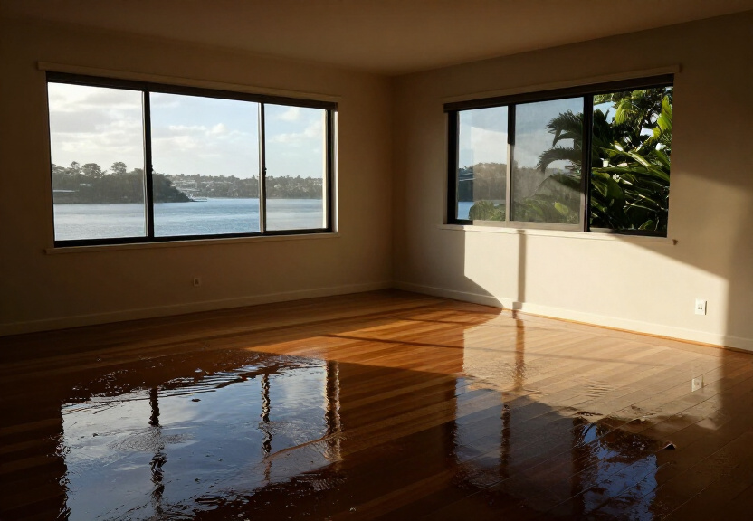 Water-damaged living room in Warrawee with soaked carpet and peeling paint